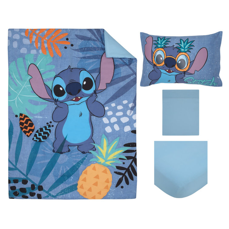 Disney Stitch Weird But Cute Blue Teal And Coral 4 Piece Toddler Bed Set Comforter Fitted Bottom Sheet Flat Top Sheet And Reversible Pillowcase